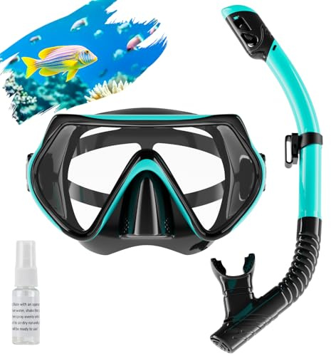 Snorkel Set Adults, Scuba Snorkelling Packages with 180° Panoramic Anti-Fog Tempered Glass Snorkel Mask, Leak Proof Dry Top Snorkel for Snorkeling Diving Swimming with Anti Fog Spray (Green, 1 Pack)