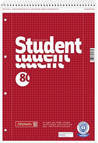 BRUNNEN Collegeblock Student Recycling Spirale oben | A4, Lineatur 28, 80 Blatt, rot