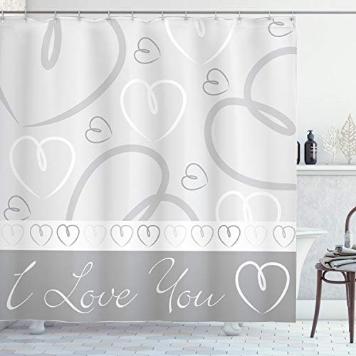 ABAKUHAUS Herzen Duschvorhang, Doodle Herz-Liebe, Stoffliches Gewebe Badezimmerdekorationsset mit Haken, 175 x 200 cm, Hellgrau Weiß Grau