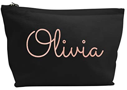 Treat Me Suite Personalised Name Make up Accessory Wash Bag in Black or Natural Colour. Metallic or Glitter Print Presents Birthdays (Natural Colour Bag, Metallic Rose Gold)