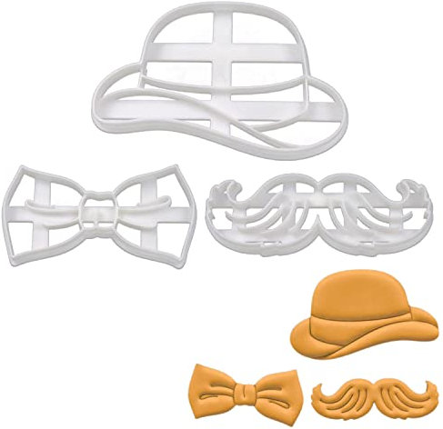 lot de 3 emporte-pièces à thème gentleman (motifs: chapeau melon, nœud papillon gentleman et moustache), 3 pièces