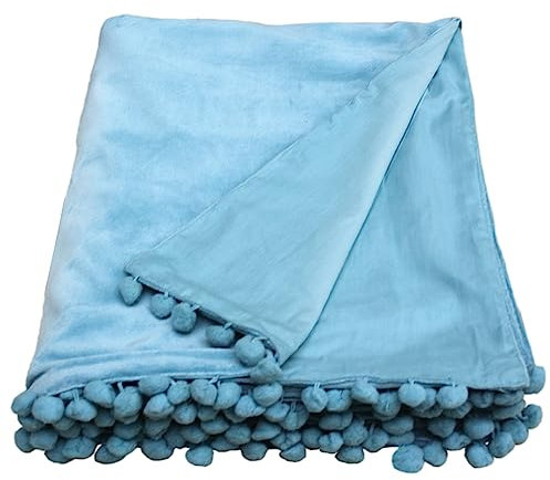 Ragged Rose Arabella Überwurf, Samt mit Bommeln, Enteneiblau, Baumwolle, Hellblau, 140 cms x 180 cms