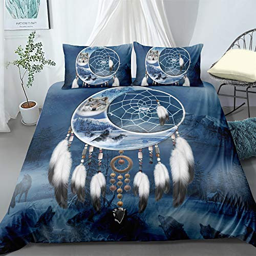 Traumfänger Feder Weiß Wolf Braun Löwe Bettwäsche Set, Geheimnis Kosmos Weltraum Lila Galaxis Star Tiger Krieger Tier Bettbezug Set (Weiß Wolf, 135x200cm)