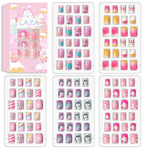 Laza 120pcs Kindernägel Drücken Sie auf Vorkleber Full Cover Glitter Farbverlauf Regenbogen Funkelnder Stern Einhorn Shell Kurze Falsche Nagelsets für Kinder Teenager Mädchen - Legend of Unicorn