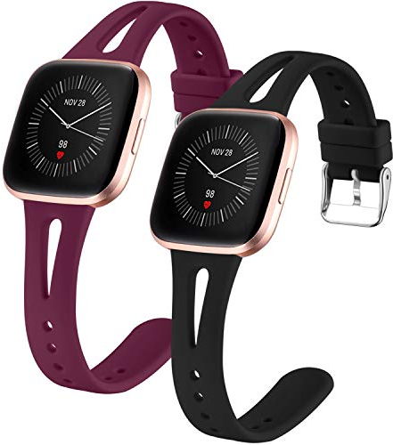 Dirrelo 2 Pack Armband Kompatibel mit Fitbit Versa/Fitbit Versa 2/Fitbit Versa Lite Armbänder, Schlank Atmungsaktives Silikon Ersatzarmband für Fitbit Versa SE Uhrenarmband, Schwarz+Wein S