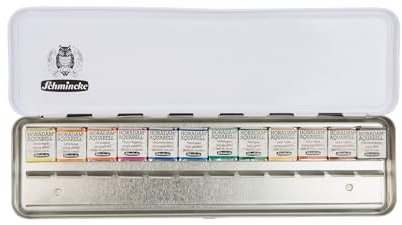 Schmincke – HORADAM® AQUARELL Farbkasten Slim Line mit 12 feinsten Aquarellfarben in 1/2 Näpfchen, 74825097, Leerschiene, schmal und flach, Malset