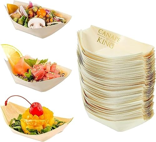 Disposable Wooden Boat Dishes 50pcs - Pinewood Snack Sushi Serving Bowls Food Take Out Trays - Suitable for Parties Weddings Christmas Catering Restaurant (S (12 x 6.5cm))