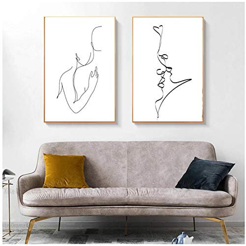 Abstraktes Paar Romantisches Geschenk Küssen Umarmen Linie Gemälde Drucken Liebe Schwarz-Weiß-Poster Schlafzimmer Wandkunst Leinwand ainting Dekor 15.7x23.6in (40x60cm) x2pcs Kein Rahmen
