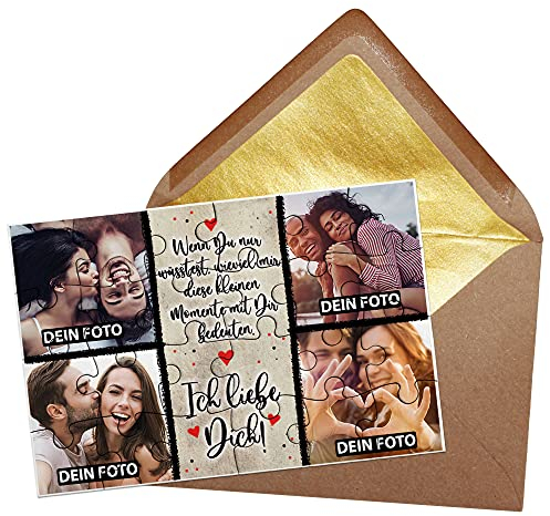 PR Print Royal Foto-Puzzle - Collage Ich Liebe Dich - inkl. Briefumschlag mit Gold-Inlay - Geschenk für Paare, Liebe, Valentinstag - mit Vier Bildern Bedrucken Lassen - 24 Teile