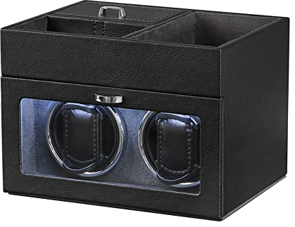 Uhrenbeweger 2 Uhren Automatik PU Leder schwarz mit Sichtfenster Leiser Motor Watch Winder für Automatikuhren Uhrenbox mit Schmuckfach Aufbewahrung Herren Damen Netzbetrieb mit Adapter enthalten