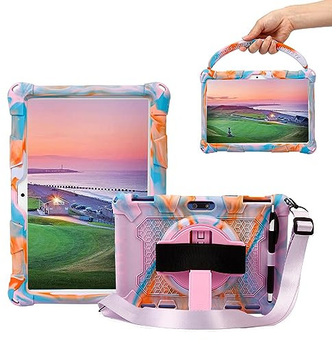 Sfulatdc Silicone Tablet Case with 360 Rotating Kickstand Strap/Shoulder Strap/Handle Compatible with Victbing 10, BENEVE 10.1,Dragon Touch Notepad K10/Max10 Multicolor Pink