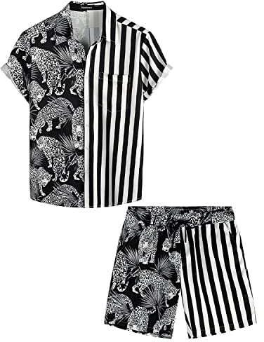 VATPAVE Herren Flamingo Hawaii 2 Teiliges Sets Kurzarm Freizeithemden Strand Outfits Mittel Schwarz Leopard