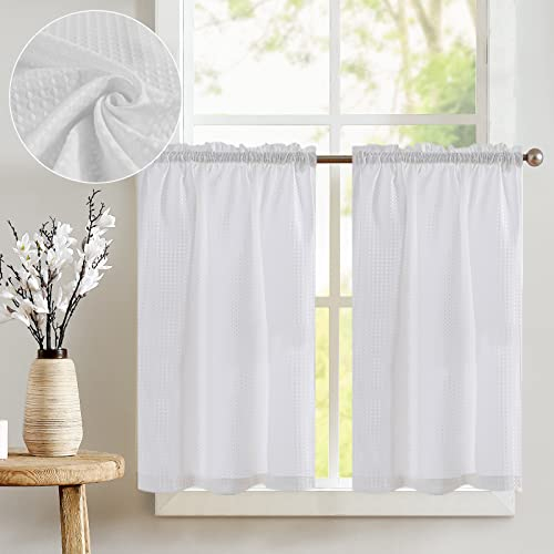 Vangao Scheibengardinen Waffel Privatsphäre Muster Vorhang Fenstervorhang für Kurzfenster Einfarbig Lichtfilterung Gardine für kleine Fenster Küche Wohnzimmer Cafè Landhaus 90Bx60H(cm) Weiß,2 Stücke
