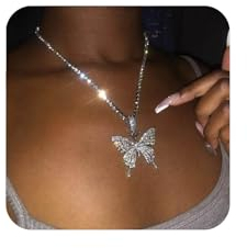 Yienate Kristall Schmetterling Halskette Choker - Silber CZ Strass Tennis Kette Mit Funkelndem Großem Anhänger - Bling Prom Schmuck Für Frauen Und Mädchen