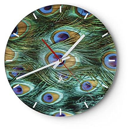 Modern Wanduhr Pfauen Feder Makro 30x30cm Rund Klein Wand Uhr Glas Analog Zimmeruhren Küche Büro Wohnzimmer Glasuhr Wall Clock Dekoration Design Wanddekoration Küchenuhr C3AR30x30-4159
