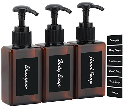 Segus Seifenspender, Shampoo Flaschen zum Befüllen, Pumpflasche 100ml, 3 Stück Shampoo Spender mit Aufkleber, Shampoo Spender für Dusche, Badaccessoires