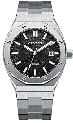CADISEN Automatische mechanische Herrenuhr Wasserdicht Kalender Business Gentleman Mann Stil Stahlband Uhr, Schwarzes Meteoritenmuster, Mechanisch