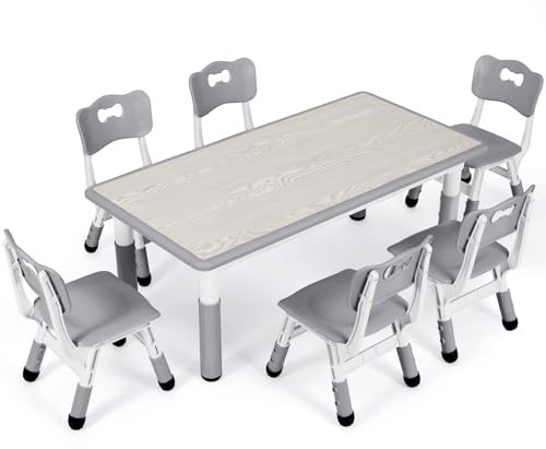 MAMIZO Kids Table with 6 Chairs, Adjustable Height Children's Table Chair Set for Nursery and Children's Room, Plastic Children's Furniture, Seating Set for Boys Girls, Grey