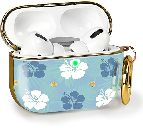 MyGadget Cover Rigida [ Motivo Floreale ] Compatibile con Apple AirPods Pro 2a Generazione - Custodia Ricarica Wireless - Case con moschettone e LED visibile - Blu & Bianco