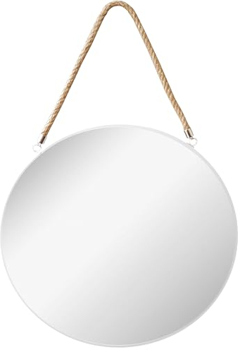 Provance Badezimmerspiegel Wandspiegel Runder Spiegel Durchmesser 43 cm Dekoration Hängender Spiegel mit Kordel Farbe Weiß Weißer Rahmen Bad Arbeitszimmer Schminkspiegel