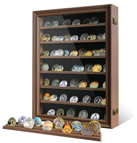 7 Reihen Challenge Münzvitrine mit HD-Hartglas – Wandmontage, hält 100 Münzen, Medaillen-Vitrine, Militär-Schattenbox mit abnehmbaren 2-Rillen-Regalen, Poker-Chip-Halter, Rostbraun