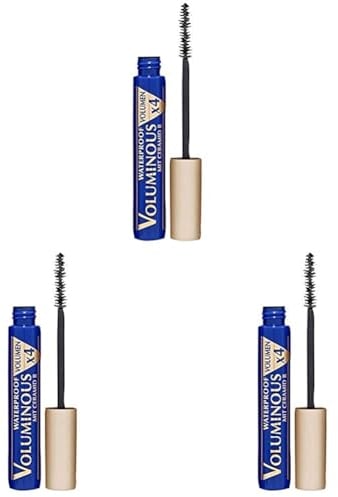 L'Oréal Paris Wasserfeste Mascara, Schwarze Wimperntusche für 4x mehr Volumen und kräftige Wimpern, Voluminous Waterproof, Nr. 00 Waterproof Schwarz, 1 x 7,4 ml (Packung mit 3)