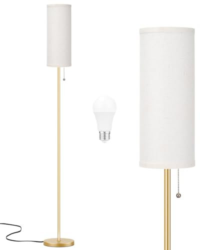 Aooshine Gold Floor Lamp for Living Room with 3 Color Temperatures Bulb, 64 Standing lamp with Linen lampshade for Bedroom, Minimalist Pole Lamp, Beige Shade & Gold Pole(Bulb Included)
