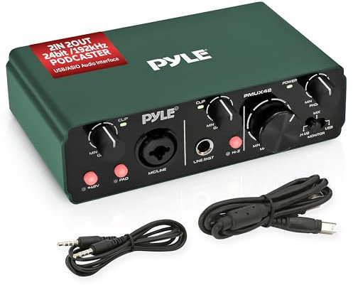 Pyle USB Audio Interface for Recording, Songwriting, Streaming & Podcasting, 2IN 2OUT 24bit/192kHz ASIO, High-Fidelity Studio Quality, Low-Noise, Rugged Metal Chassis, 5.91’’ x 3.94’’ x 1.75’’ Inch
