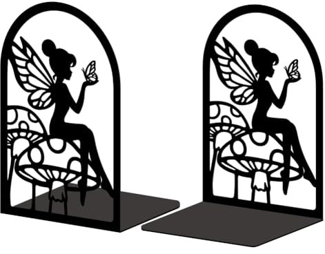 Peacoblue Support de Serre-Livres en MéTal pour éTagèRes DéCoratives, 13,5 X 8,9 X 19,8cm, Moderne, Robuste, Serre-Livres D'éTude, Support pour éTagèRe de Bureau, 1 Paire (FéE Et Champignon)