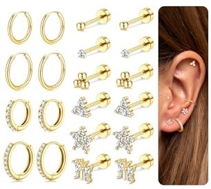 MILACOLATO 10 Paar Gold Ohrringe Set 18K Vergoldet Wasserfest Hypoallergene Gesundheitsstecker Creolen Silber Klein Damen Helix Piercing