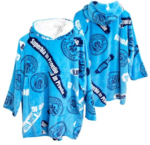 Character World Manchester City Oversized Wearable Fleece Blanket | Super Warm & Cosy | All-Over Crest Pattern Design | Premium Sherpa Lined | Perfect for Kids Aged 13+ Years, Suggested Height 110cm+