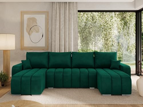 MKS MEBLE Sofa mit Schlaffunktion - Ecksofa mit Schlaffunktion und Bettkasten - Sofa 3 4 5 Sitzer - Schlafsofa - Couch - Schlafsofa mit Bettkasten - Kirasso U -Dunkelgrün Velvet