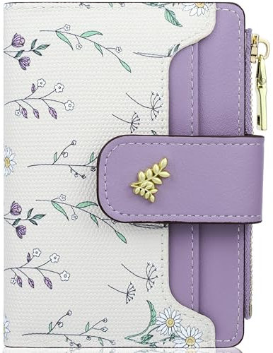 Farcauo Portemonnaie Damen Geldbeutel Frauen Geldbörsen Klein Damen Portemonnaie Mini Geldbörse mit lila Blumen Design für Frauen Klein Portmonee mit Ausweisfach und Kartenhüllen