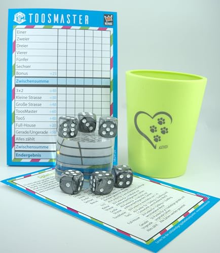 KENDi GAMES Würfelbecher aus Kunststoff – APFELGRÜN – Print PFOTENLIEBE – inkl. 6 Kunststoff-Würfel, Spielblock TOOSMASTER, Kurzanleitung & Wertetabelle – Würfelspiel-Set