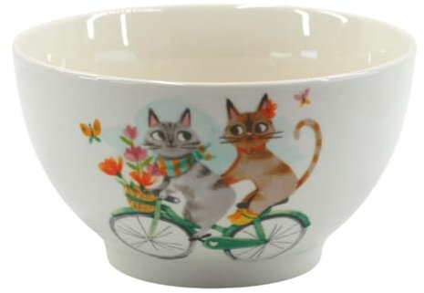 Tabac du Bassigny Bol en Grès avec Motif Chats à Vélo Tandem, 13 cm, 480 ml, Blanc