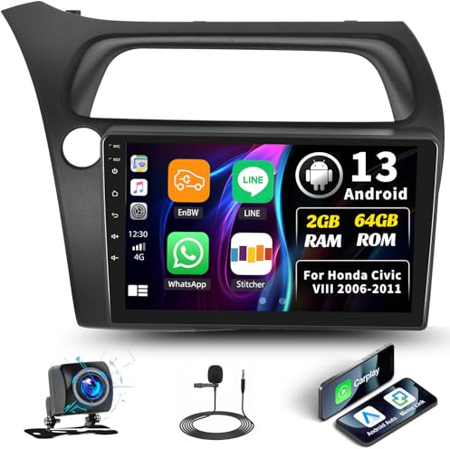 GOHHDL 2G+64G Android Radio de Coche para Honda Civic VIII 2006-2011 con Carplay Android Auto, 9 Pulgadas Pantalla Táctil con Navegación GPS WiFi SWC FM RDS EQ + AHD Cámara de visión Trasera + Mic