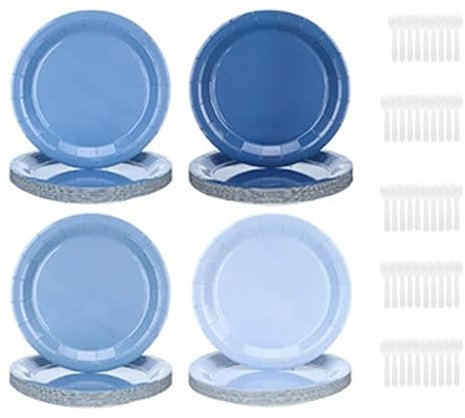 Jimkply - Lot de 48 assiettes rondes jetables en carton avec 50 cuillères - Pour anniversaire et fête - 4 designs différents - Bleu