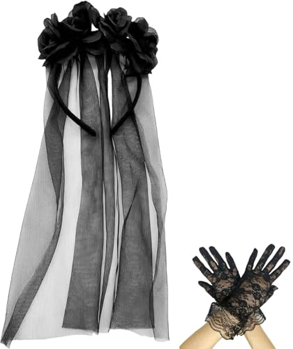 GWAWG Blumenkranz Haare Halloween, Schleier Braut mit Spitzenhandschuhen, Tag der Toten Haarreif, Gothic-Schleier, Partyzubehör, Ausgefallene Haaraccessoires für Erwachsene