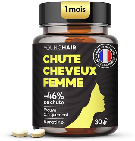 Chute Cheveux Femme – Réduit la Chute, Renforce et Fait Briller les Cheveux – Complément Alimentaire Kératine –Fabriqué en France – 30 comprimés - 1 mois de cure - Young Hair