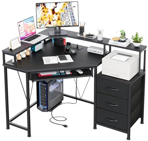 Flrrtenv 90x120cm Corner Desk with 3 Drawers, L Shaped Computer Desk with Keyboard Tray with Power Outlet & Monitor Stand, Gaming Table with LED Lights Storage Shelves for Home Office Studio Black