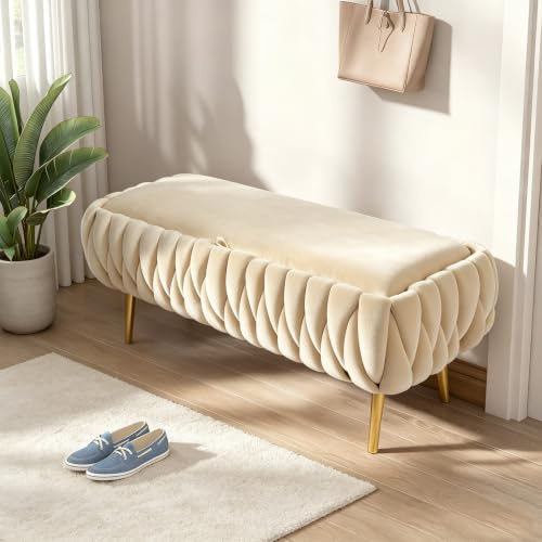 Cozykimo Sitzbank mit Stauraum, Samt, Bettbank Gepolstert, Sitztruhe mit Stauraum, 105 cm Gold Metallbeine, bis 300 Kg Belastbar für Flur Eingangsbereich Wohnzimmer Schlafzimmer (Beige)