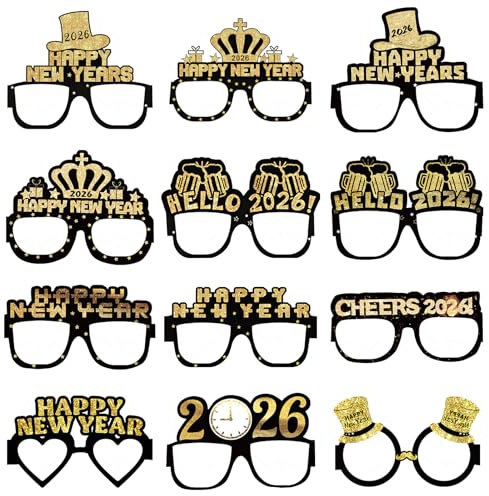 12 Stücke Silvester Deko 2026 Partybrillen, 2026 Neujahr Brille Deko, Neujahr Brille Party Foto Requisiten, Happy New Year Party-brille für Silvester Feier Feier Dekoration Zubehör Kindergeburtstag