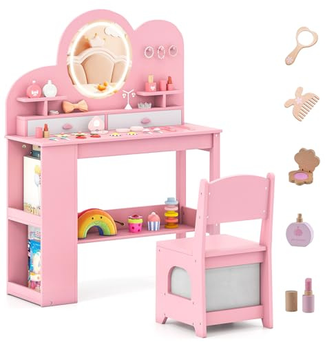 COSTWAY Kinder Schminktisch mit Beleuchtung, Frisiertisch Prinzessin mit 3 farbigen LED-Spiegel, 2 Schubladen, Bücherregal, Haken & Zubehör, Kinderschminktisch Set Holz für Mädchen ab 3 Jahren (Rosa)