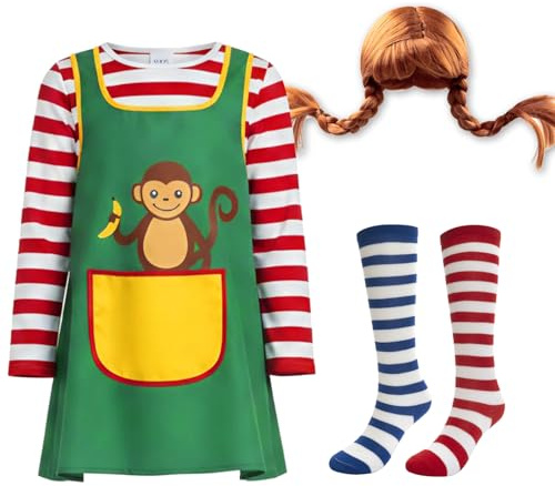 Freches Mädchen in Strümpfen Kostüm für Damen, 4-teilig mit Shirt, Schürze, Bunte Strümpfe, Perücke, Karneval Verkleidung Faschingskostüm für Damen, Outfit für Karneval, Halloween Fasching, Mottoparty
