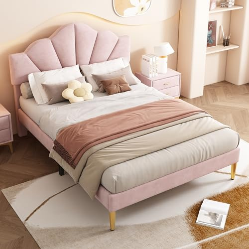 HaoChrymec Polsterbett 140 x 190 cm, mit Muschel-Kopfteil, höhenverstellbarem Kopfteil, goldenen Eisenbeinen, Lattenrost aus Holz, für Schlafzimmer, Rosa