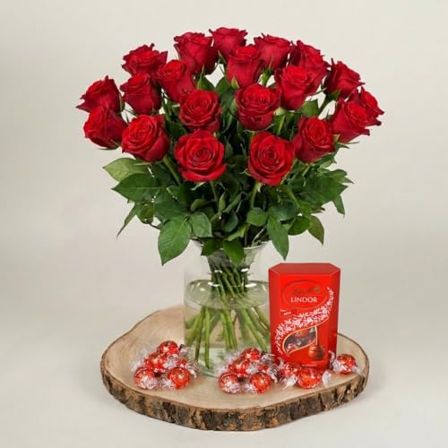 Two Dozen Red Roses Fresh Flower Bouquet With Chocolates, Romantic Valentine’s Day Gift For Her, Luxury Hand Tied Roses Arrangement For Wife Girlfriend Anniversary Birthday