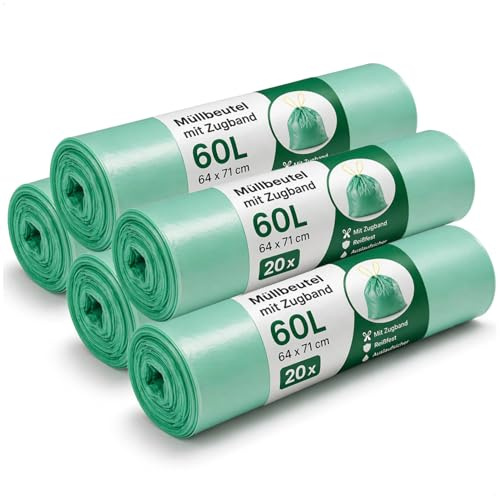 com-four® 100x Müllbeutel mit Zugband 60 Liter, reißfeste Abfallsäcke | Mülltüten flüssigkeitsdicht - Müllsäcke für Haushalt - Gastronomie und Gewerbe - 20 Stück pro Rolle
