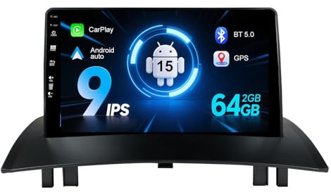 MISONDA Radio Coche 2G+64G 2 DIN 9 Pulgadas IPS Android 15 para Renault Megane 2 (2004-2008) con navegación GPS, Bluetooth, Dab, USB, CarPlay, Android Auto, WLAN, 4G, MirrorLink, RDS