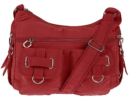 Christian Wippermann Große Canvas Umhängetasche Damen - Stofftasche mit Reißverschluss - 32x26x13 cm - Verstellbarer Trageriemen bis 135 cm - Mehrere Fächer, Rot - Luxuriöse Schultertasche