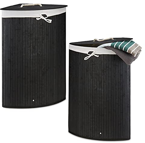 Relaxdays 2 x Eckwäschekorb Bambus, Faltbare Wäschebox 60 Liter, platzsparend, Wäschesack Baumwolle, 65 x 49,5 x 37 cm, schwarz